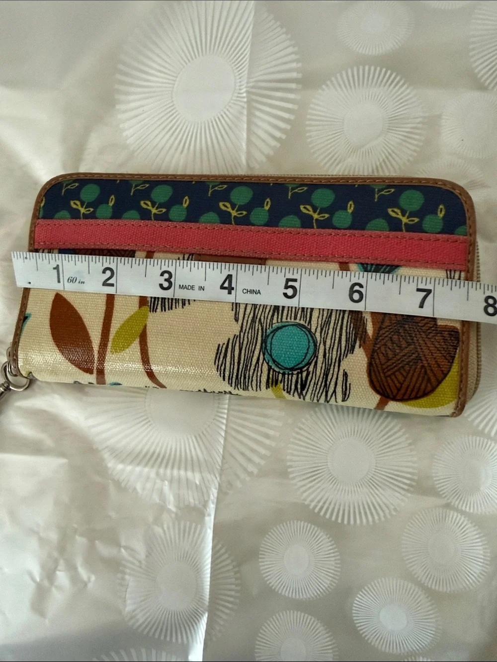 Fossil Floral Key-Per Wallet, Coated Canvas, Cream, Teal, Pink w/Brown leather